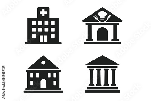 Set of four building icons on a dark background