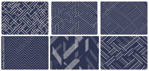 Six abstract geometric patterns with navy blue and light gray lines vector illustration
