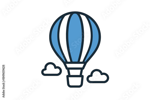 Blue hot air balloon icon floating in the sky with clouds