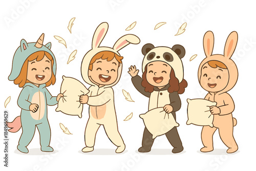 Children in Pajamas Having a Pillow Fight