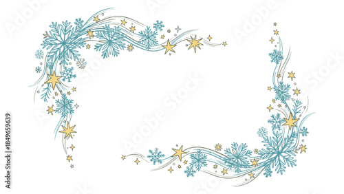 A festive frame of blue snowflakes and gold stars on a white background, perfect for Christmas decorations with a joyful and wintry mood.