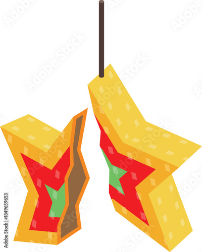 Brightly colored star shaped pinata is broken open, revealing its interior and suggesting a festive celebration