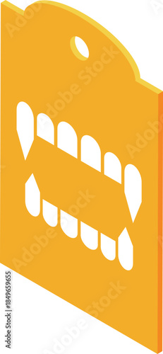 White vampire teeth on orange label with hole, isometric projection