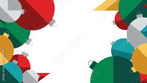 Colorful Christmas ornaments arranged in a festive frame on a white background, showcasing a mix of red, green, blue, and gold baubles with a shallow depth of field, conveying a joyful and