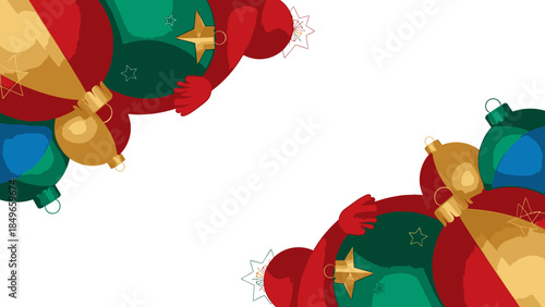 A colorful Frame Christmas border of hanging ornaments in red, green, blue, and gold on a white background with a festive holiday theme.