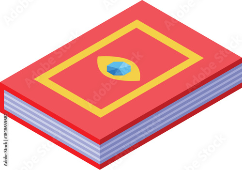 Closed magic book with eye symbol and blue gem on red cover, bringing mystery and powerful secrets, in isometric view