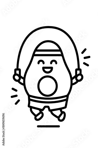 Cute avocado character jumping rope with a happy expression