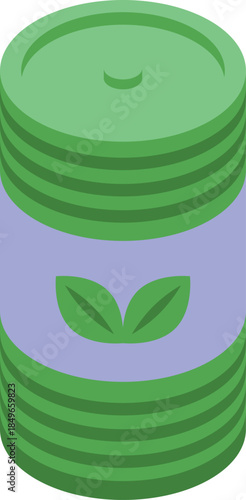 Isometric view of a green metal can featuring an organic label with two leaves, emphasizing eco conscious packaging and sustainable practices