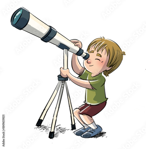 Little boy observing with a telescope, isolated drawing
