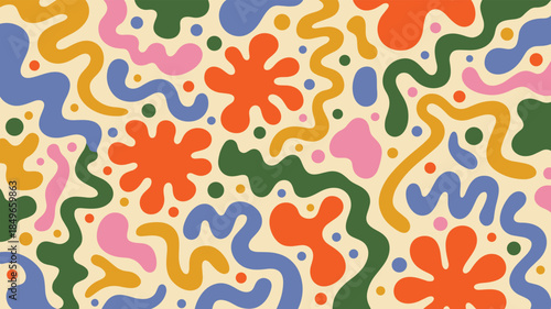 Vibrant abstract organic shapes and wavy lines in a colorful retro pattern on a cream background Keywords: abstract, pattern, organic, shapes, wavy