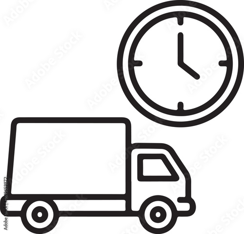 A minimalist black-and-white vector illustration of a delivery van in front of a clock face. This clean line art icon represents express shipping, on-time delivery, and logistics scheduling.