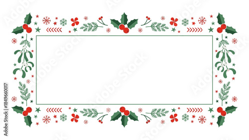 A Christmas frame with a green border, decorated with red berries, holly leaves, and snowflakes on a white background.