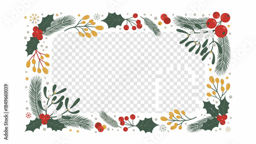 A Christmas frame with a transparent background, adorned with holly, red berries, and festive foliage, perfect for holiday decorations and seasonal designs.