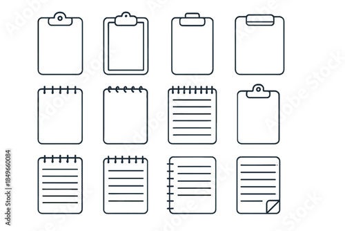 Clipboard and notebook icons in a grid