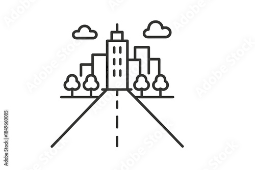 Road leading to city buildings and trees under clouds