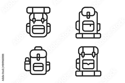 Four backpack icons on a dark background