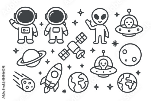 Cute Space Icons Set with Astronauts, Aliens, and Planets