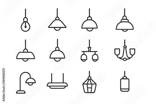 Set of line art icons representing various types of lamps and chandeliers