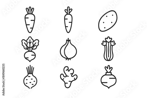 Set of nine line art vegetable icons on black background