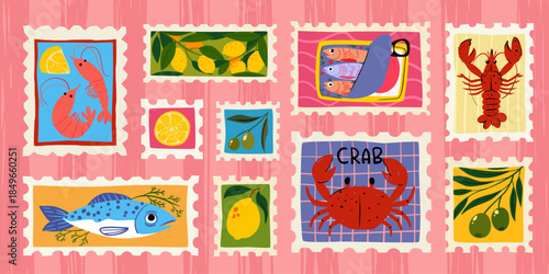 Amalfi coastal stamp collection with vibrant summer illustrations - Mediterranean seafood, lemons and olives in retro postage frames. Italian pattern with crab, fish and citrus art on pink bg.