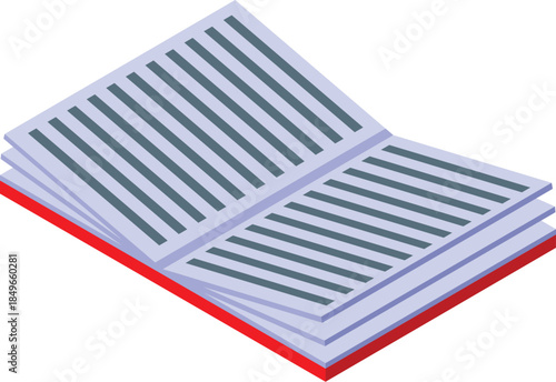 Open book with red cover lying open, showcasing its pages filled with text, in isometric view, perfect for educational or knowledge based projects