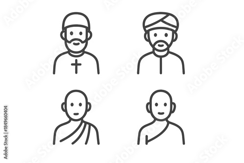 Four figures representing different religions icons.