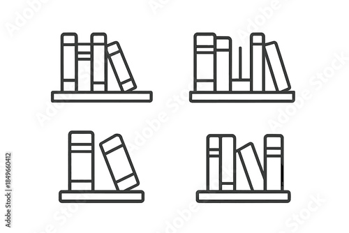 Set of four outline icons of bookshelves with books