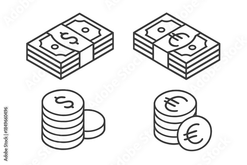 Money Icons: Bills and Coins in USD and EUR