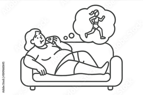 Obese person eating pizza and dreaming of running