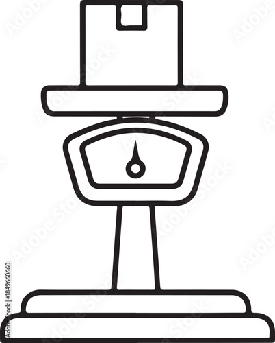 A simple black-and-white line art vector of a mechanical scale with a cardboard box placed on the weighing platform. It represents shipping weight, parcel measurement, and logistics costs.