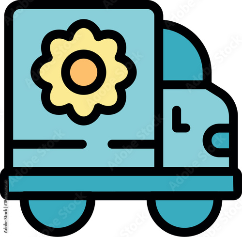 Light blue delivery truck transporting flowers for a florist business, symbolizing flower delivery services