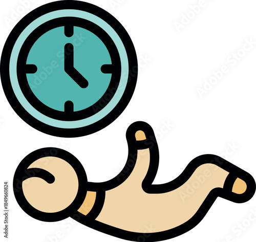 Baby astronaut floating in zero gravity near clock, time flies metaphor, colorful simple icon