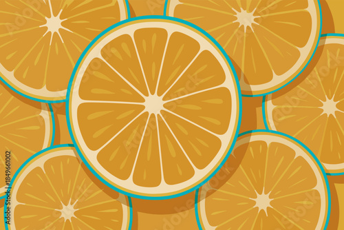 Orange citrus slice pattern with juicy segments and rind rings, warm retro fruit collage with overlapping rounds and bright golden tones