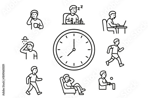 Daily routine icons around a clock