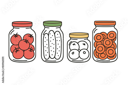 Four Jars of Preserved Food Items on a Gradient Background