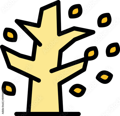Simple and vibrant icon depicting a stylized tree shedding its leaves, symbolizing the transition into autumn