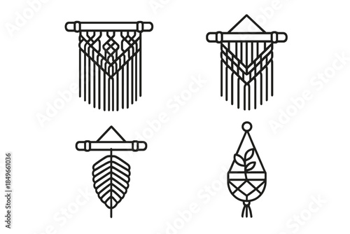 Macrame wall hangings and plant holder icons
