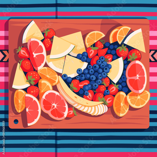 Colorful fruit platter with citrus slices blueberries and strawberries on striped textile, vibrant summer snack arrangement with fresh juicy pieces