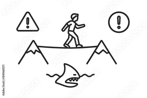 Person tightrope walking over shark-infested waters