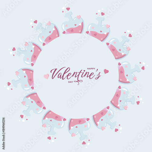 Circular Valentine illustration with pink flasks, hearts and Happy Valentine s Day text on pastel blue. Creative romantic design mixing science and love for cards, decor and festive themes