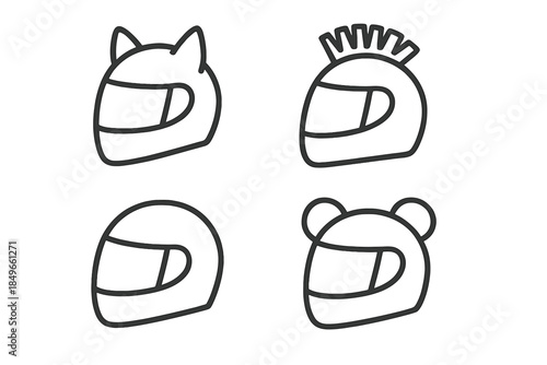 Four stylized helmets with animal and punk elements