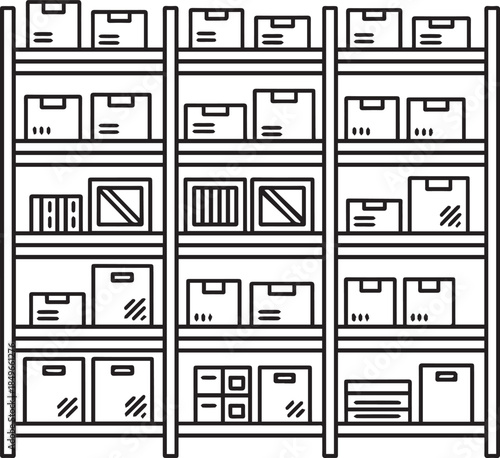 A simple black-and-white line art vector of a wide warehouse shelving unit filled with organized boxes and crates. It represents large-scale inventory storage and logistics.