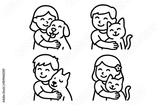 Children hugging pets