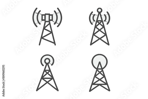 Four radio towers with signal waves