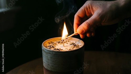 Hand Lighting Candle in Dark Room.