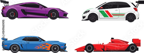 Cute cartoon racing cars illustration set, sports car collection, colorful vehicle designs, speed motorsport vector art, isolated white background elements