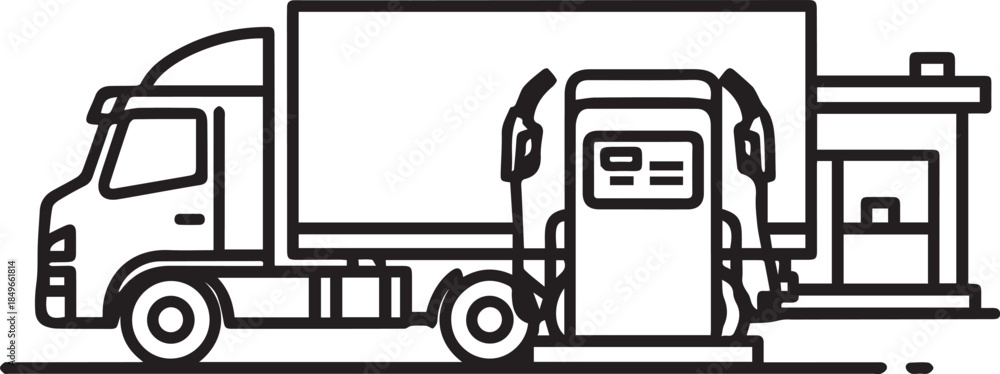 Φωτογραφία A clean, black-and-white vector outline of a semi-truck stopped at a gas station pump