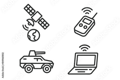 Set of four icons with military and communication themes on a dark gradient background