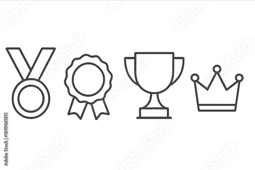 Collection of outline icons: medal, rosette, trophy, and crown