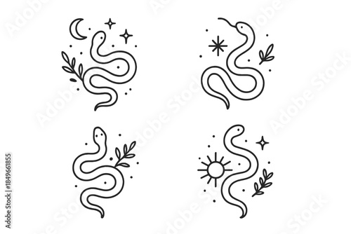 Cosmic snake line art with celestial elements